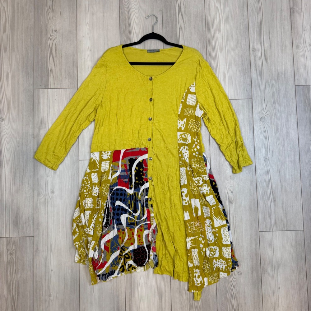 Chalet et Ceci Mustard Yellow Patchwork Lagenlook Crinkle Tunic Top Large USA